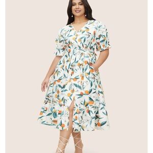 BloomChic Citrus Orange Print Overlap Collar Frill Trim Split Hem Dress 2XL us18